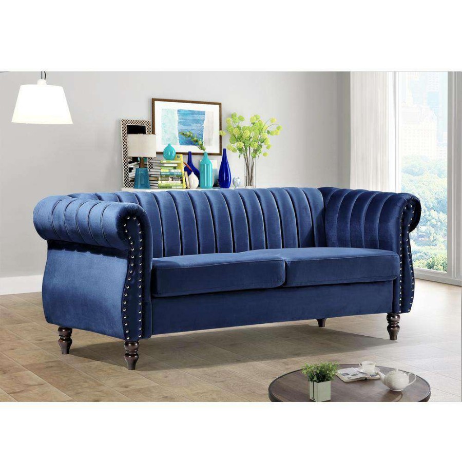 Living Room Furniture * | Louis 76.4 In. Dark Blue Velvet 3-Seater Chesterfield Sofa With Nailheads By Us Pride Furniture