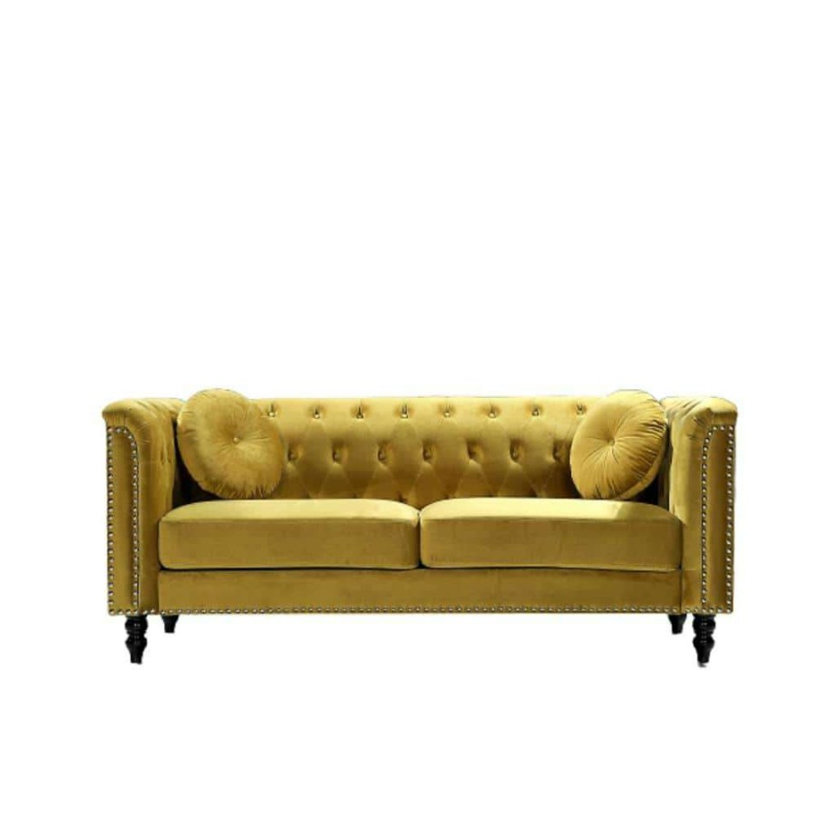 Living Room Furniture * | Vivian Strong Yellow Classic Velvet Kittleson Nailhead Chesterfield Sofa By Us Pride Furniture