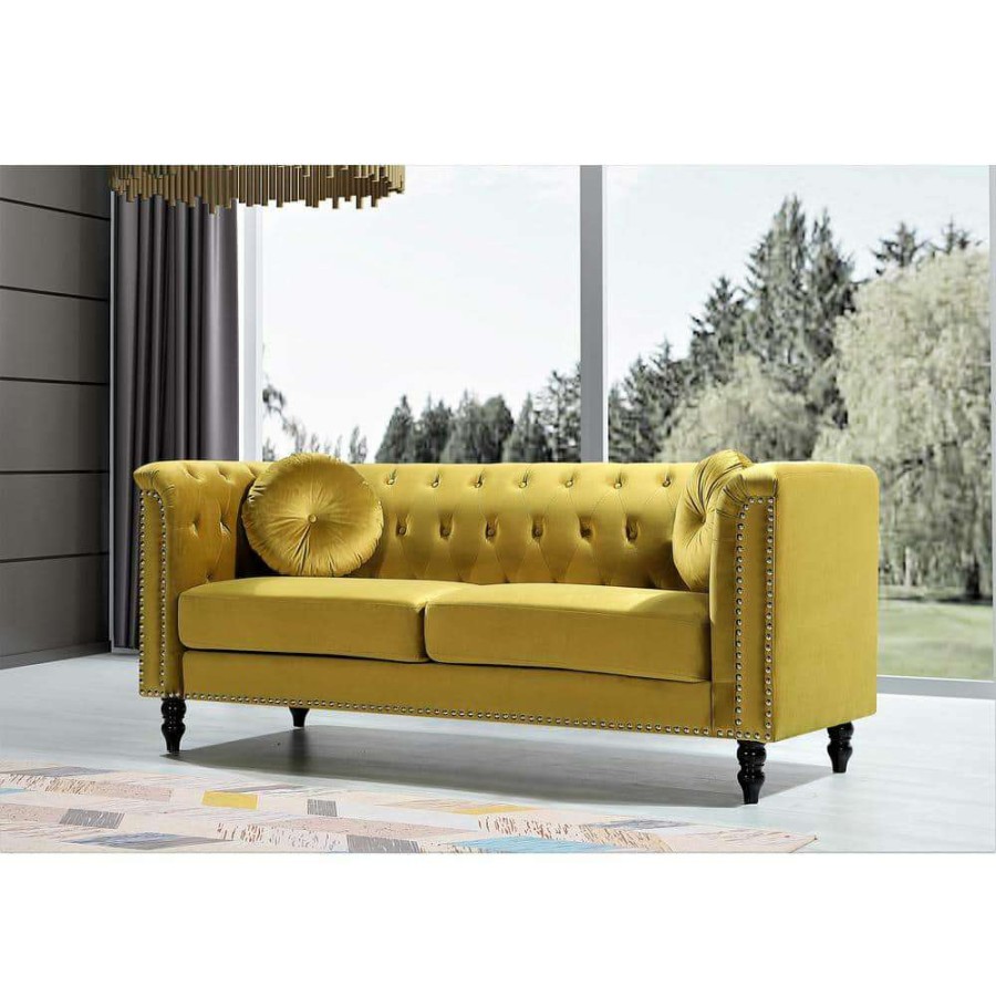 Living Room Furniture * | Vivian Strong Yellow Classic Velvet Kittleson Nailhead Chesterfield Sofa By Us Pride Furniture