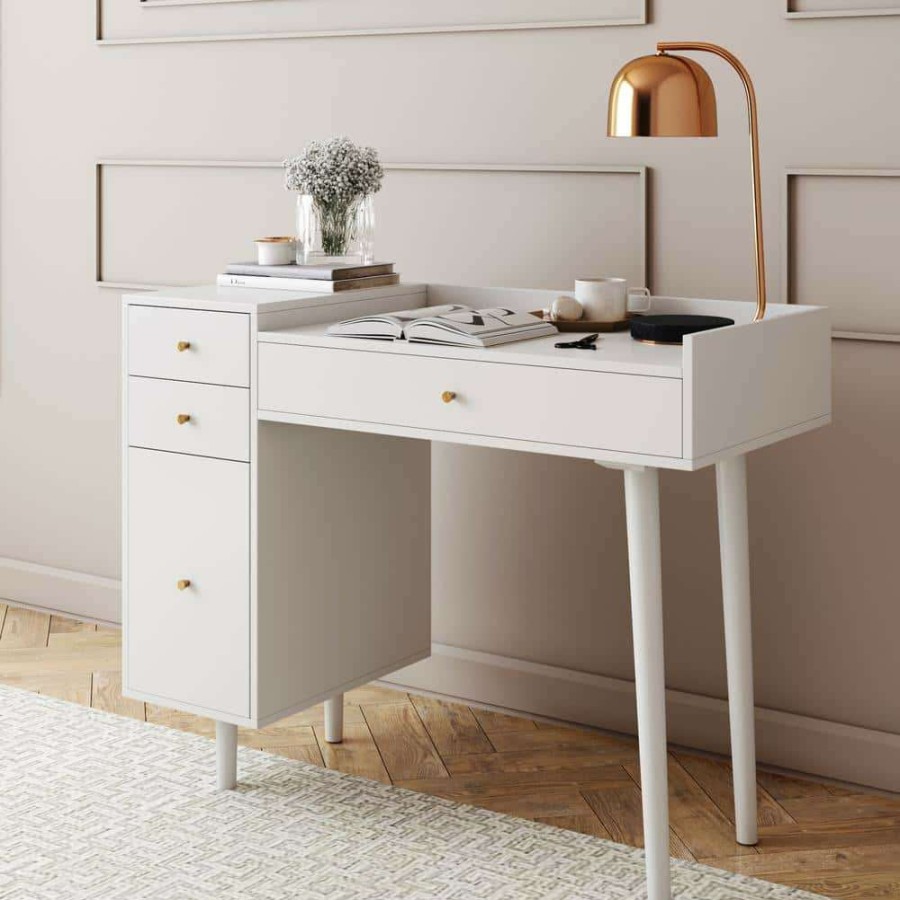 Bedroom Furniture * | Daisy White And Gold Makeup Desk With 4-Drawers And Brass Accent Knobs Vanity Table By Nathan James