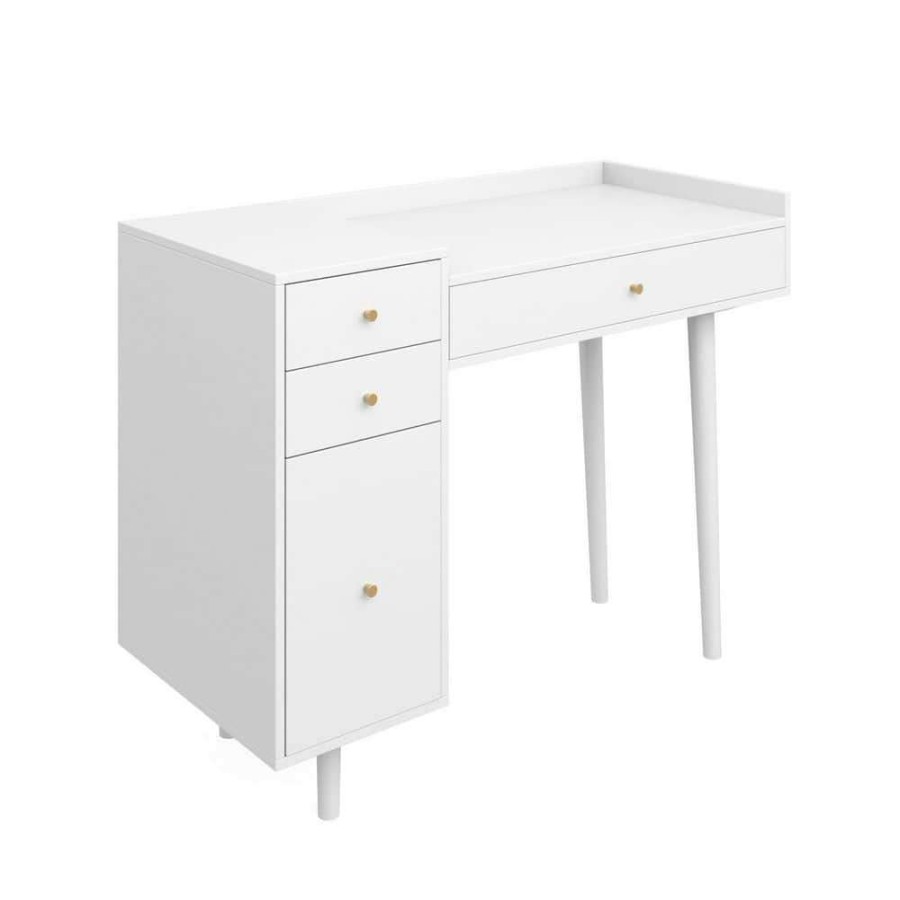 Bedroom Furniture * | Daisy White And Gold Makeup Desk With 4-Drawers And Brass Accent Knobs Vanity Table By Nathan James