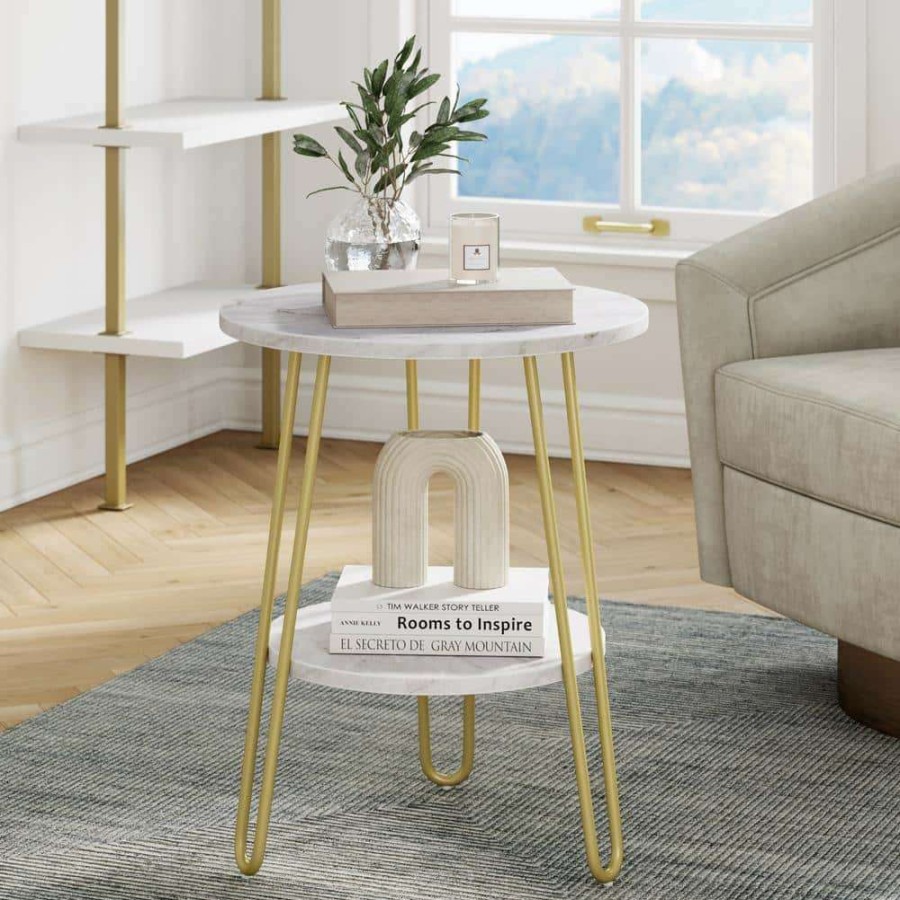 Living Room Furniture * | Ashley 18 In. White/Gold Round Faux Marble End Table With Brass Hairpin Legs And Storage Shelf By Nathan James