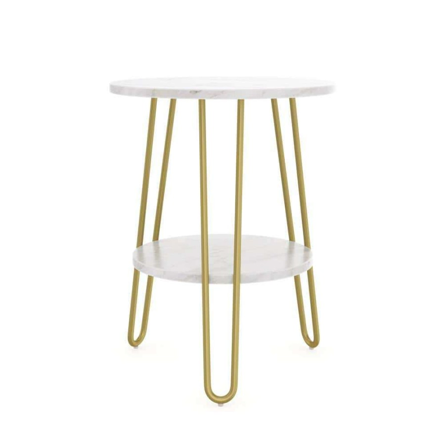 Living Room Furniture * | Ashley 18 In. White/Gold Round Faux Marble End Table With Brass Hairpin Legs And Storage Shelf By Nathan James