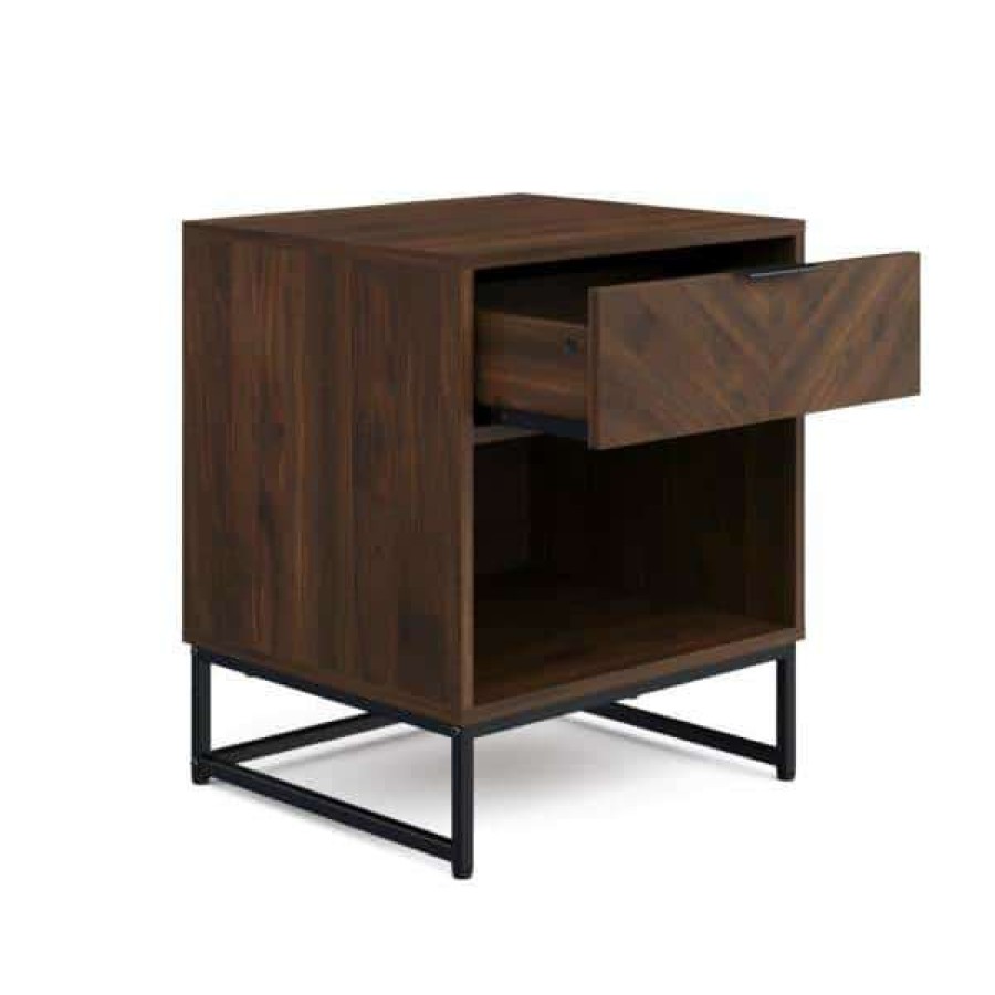 Bedroom Furniture * | Kensi 19 In. Walnut Rustic Nightstand Side Table Black Matte Metal Base With Cubby For Storage And Drawer By Nathan James