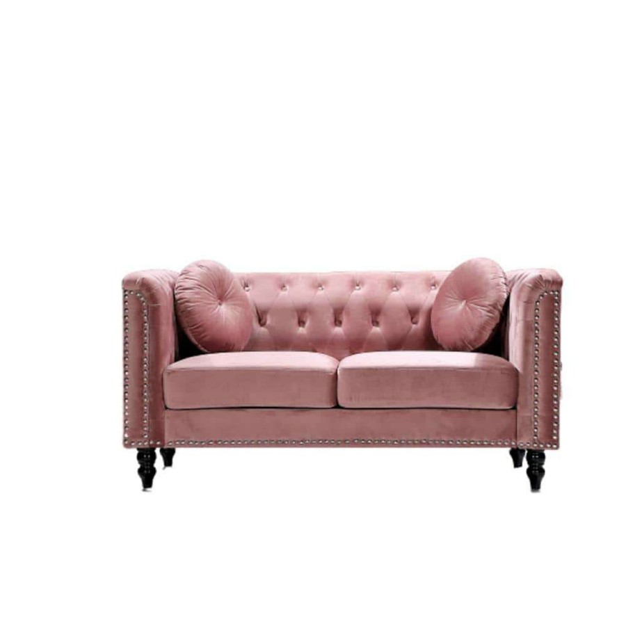 Living Room Furniture * | Vivian 64.2 In. Rose Velvet 2-Seater Chesterfield Loveseat With Nailheads By Us Pride Furniture