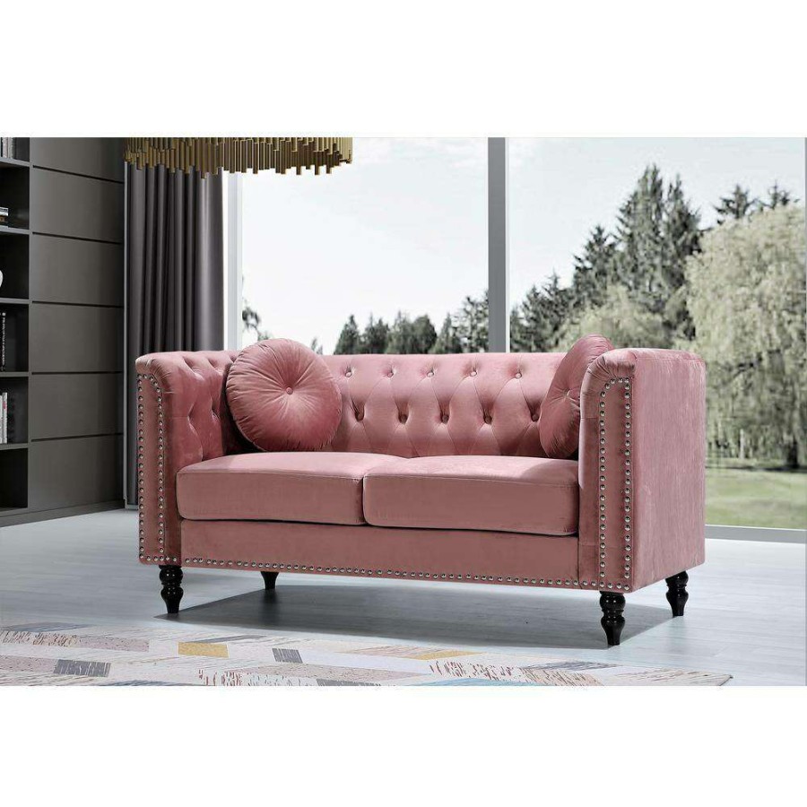 Living Room Furniture * | Vivian 64.2 In. Rose Velvet 2-Seater Chesterfield Loveseat With Nailheads By Us Pride Furniture