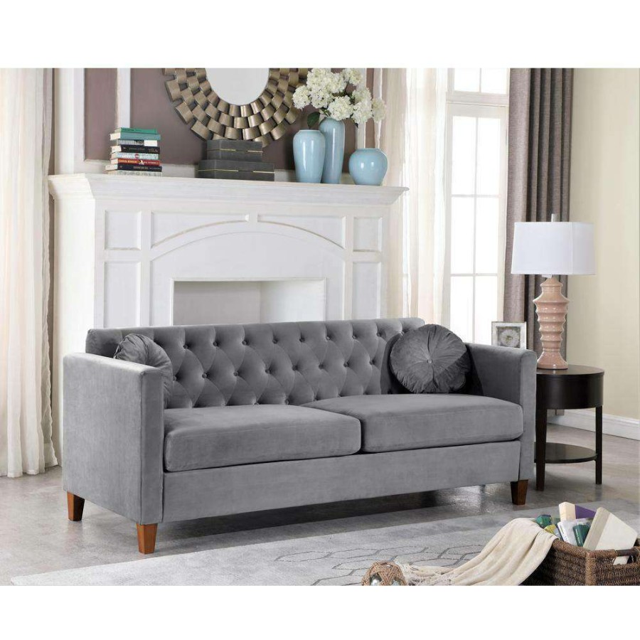 Living Room Furniture * | Lory 79.5 In. Grey Velvet 3-Seats Lawson Sofa With Square Arms By Us Pride Furniture