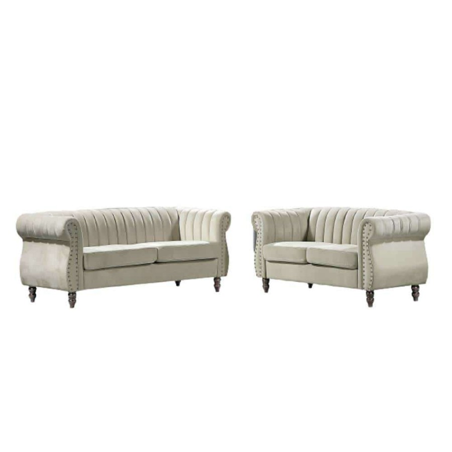 Living Room Furniture * | Louis Cream Velvet Nailhead Living Room Set Sofa And Loveseat By Us Pride Furniture