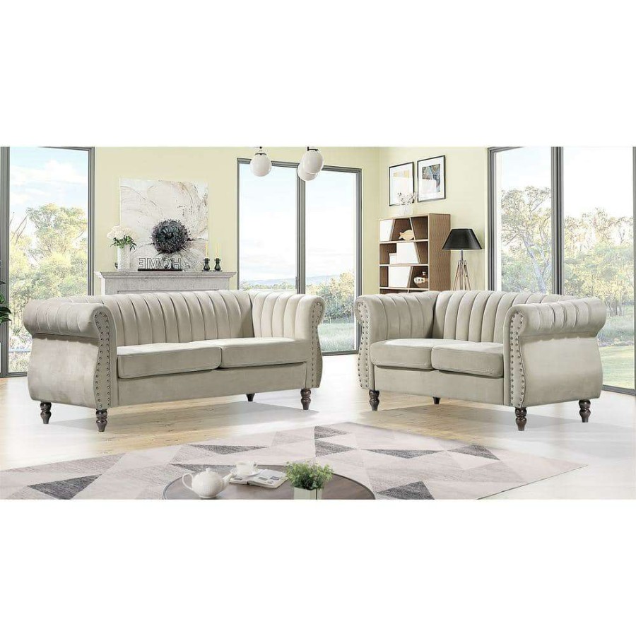 Living Room Furniture * | Louis Cream Velvet Nailhead Living Room Set Sofa And Loveseat By Us Pride Furniture