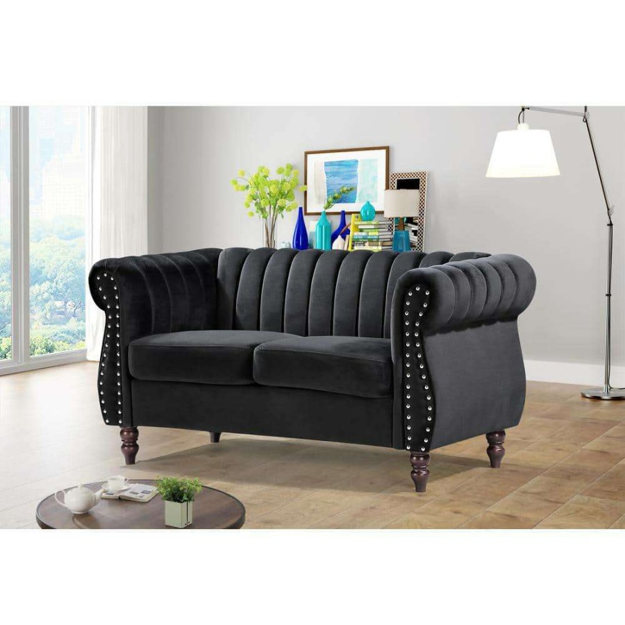 Living Room Furniture * | Louis 59.1 In. Black Channel Tufted Velvet 2-Seats Loveseat With Nailheads By Us Pride Furniture