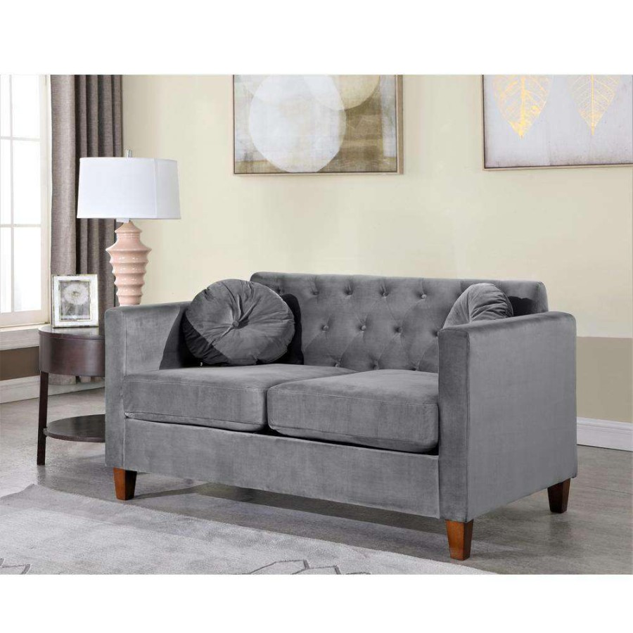 Living Room Furniture * | Lory 55 In. Gray Velvet 2-Seats Lawson Loveseat With Square Arms By Us Pride Furniture