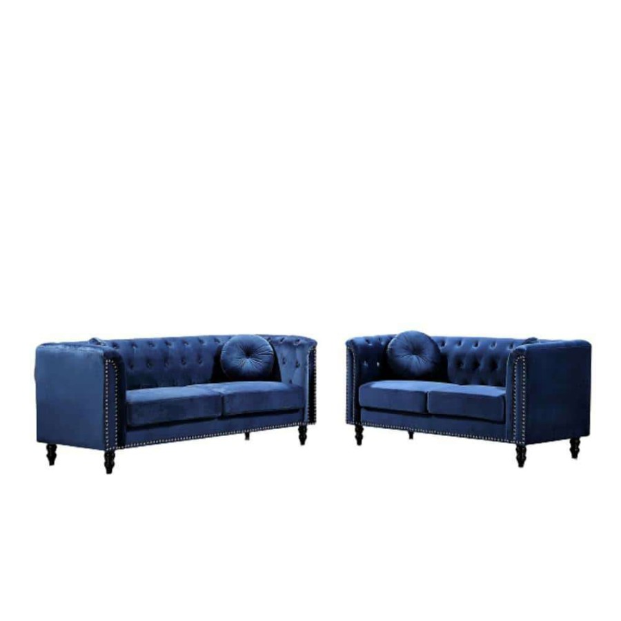 Living Room Furniture * | 2-Piece Vivian Dark Blue Classic Velvet Kittleson Nailhead Chesterfield Sofa And Loveseat By Us Pride Furniture