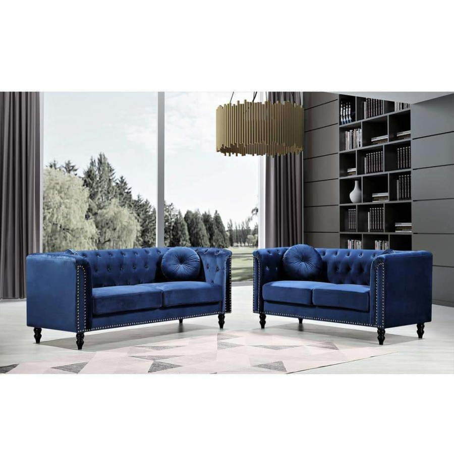 Living Room Furniture * | 2-Piece Vivian Dark Blue Classic Velvet Kittleson Nailhead Chesterfield Sofa And Loveseat By Us Pride Furniture