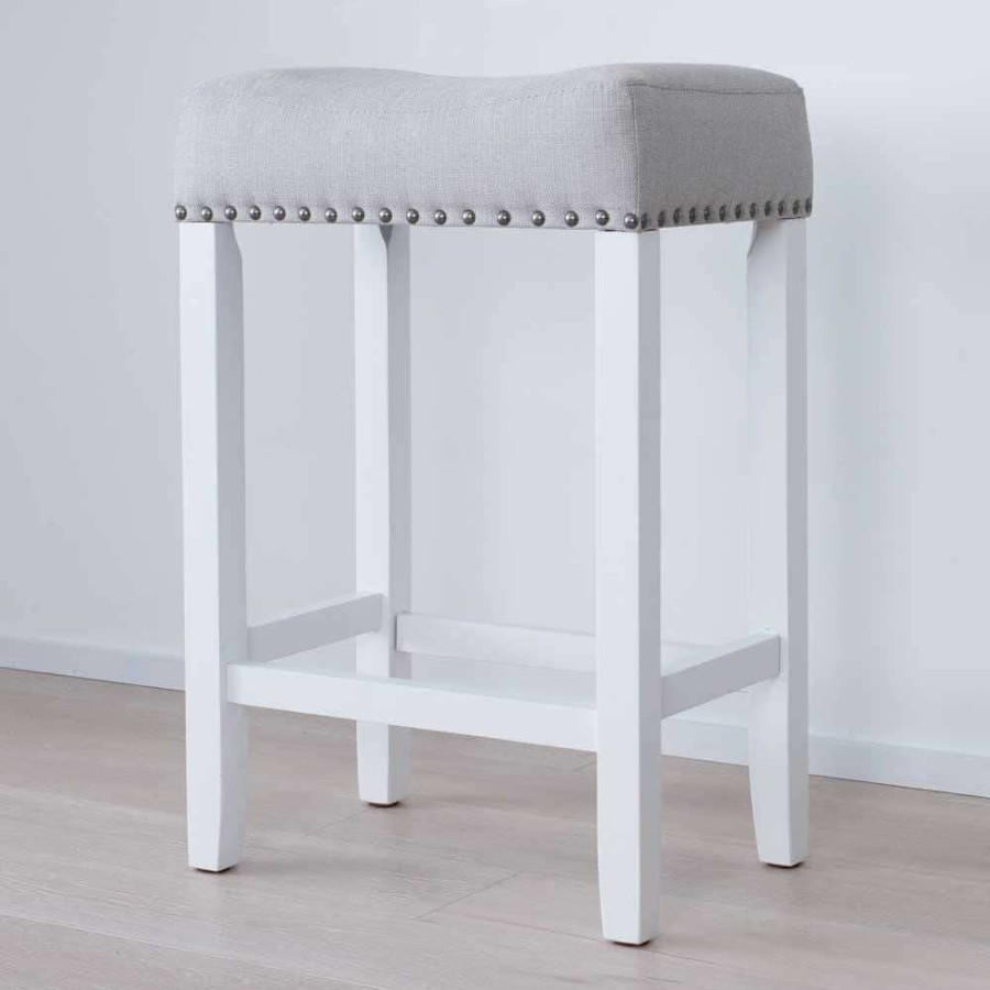 Bar Furniture * | Hylie 24 In. Gray Fabric Cushion White Finish Nailhead Wood Pub-Height Counter Bar Stool By Nathan James