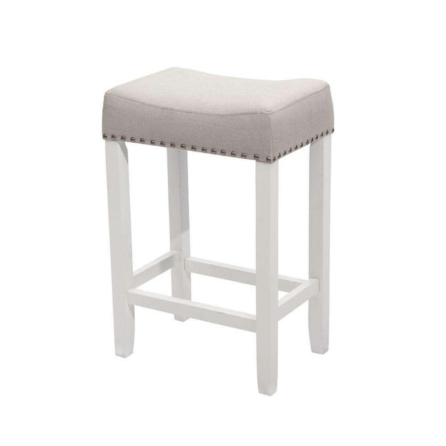 Bar Furniture * | Hylie 24 In. Gray Fabric Cushion White Finish Nailhead Wood Pub-Height Counter Bar Stool By Nathan James