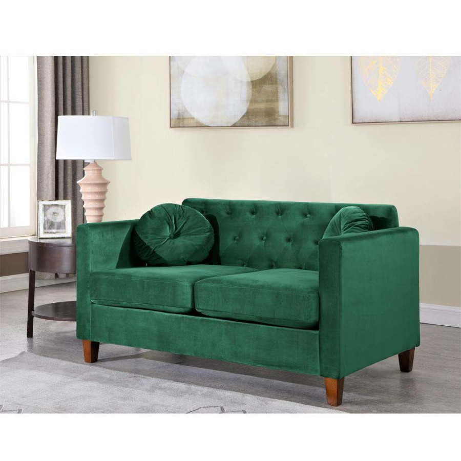 Living Room Furniture * | Lory Kitts 55 In. Green Velvet 2-Seater Chesterfield Loveseat With Square Arms By Us Pride Furniture