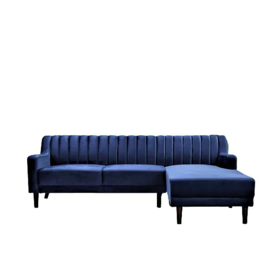 Living Room Furniture * | 2-Piece Blue Channel Velvet 3-Seater L-Shaped Right-Facing Sectional Sofa With Tapered Legs By Us Pride Furniture