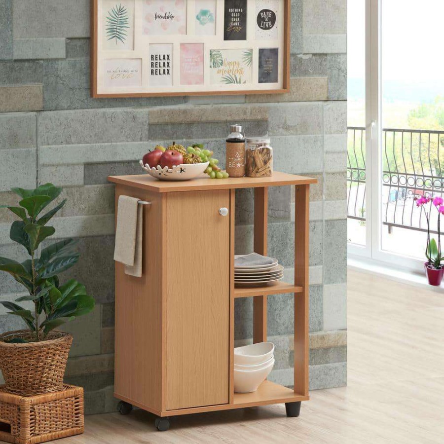 Kitchen & Dining Room Furniture * | 23.6 In. Wide Beech Open Shelves And Cabinet Space Kitchen Cart By Hodedah