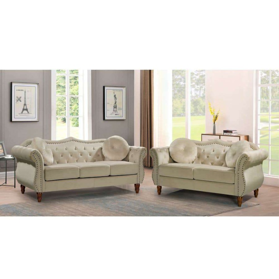 Living Room Furniture * | 2-Piece Bellbrook Ivory Classic Nailhead Chesterfield Living Room Set By Us Pride Furniture