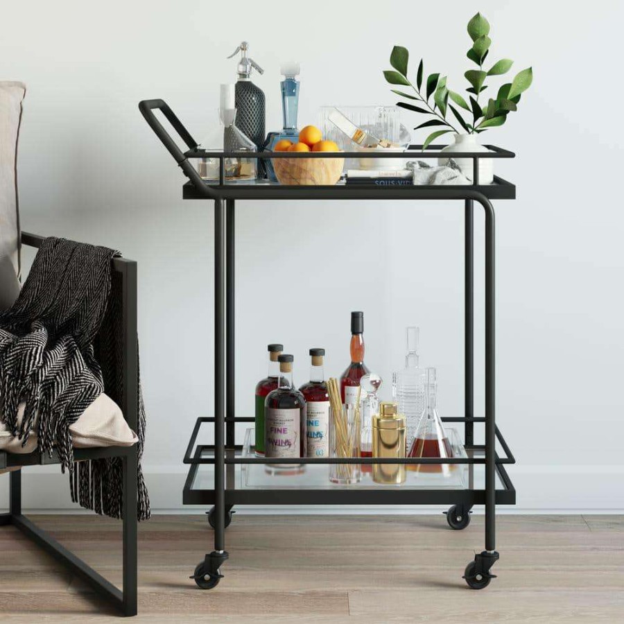 Bar Furniture * | Sally 2-Tiered Black Metal Frame Glass Rolling Bar Cart And Tea Or Cocktail Cart By Nathan James