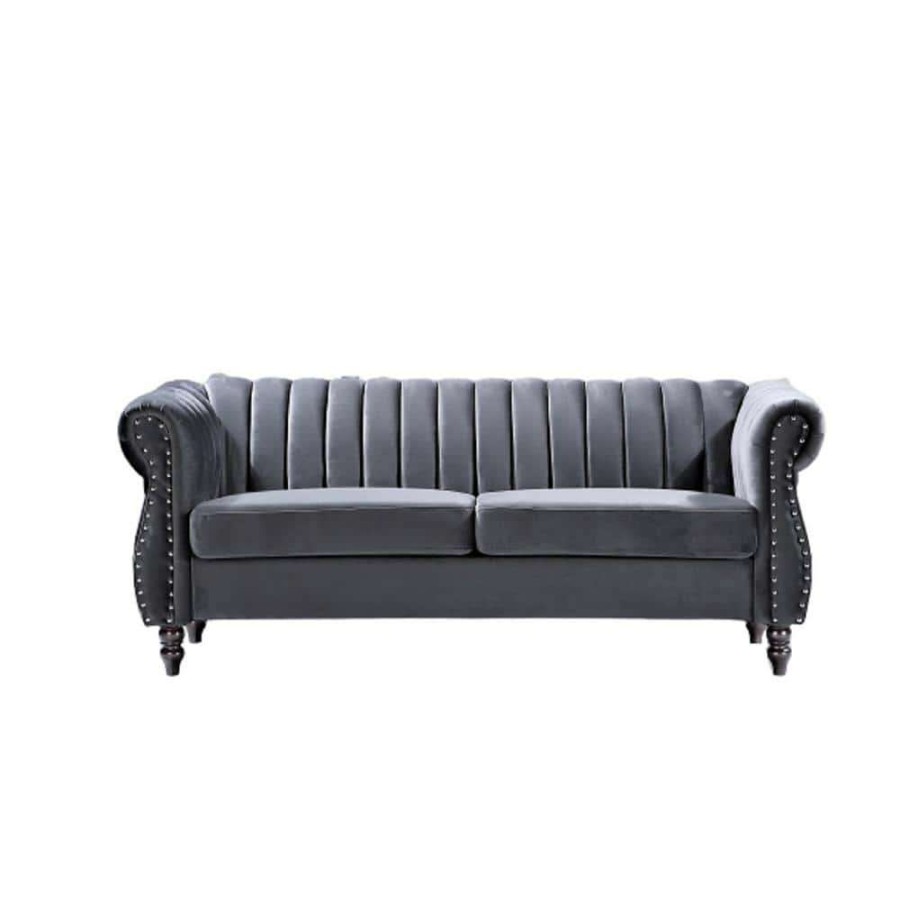 Living Room Furniture * | Louis 76.4 In. W Round Arm Velvet 3-Seats Straight Chesterfield Sofa With Nailheads In Gray By Us Pride Furniture