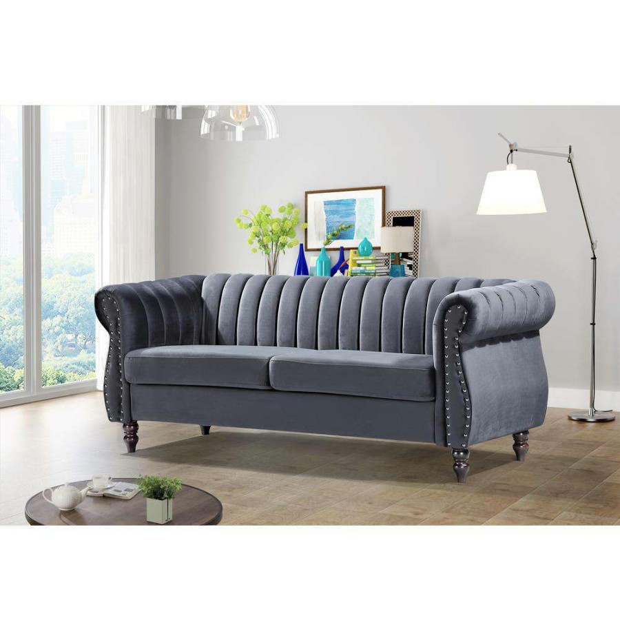 Living Room Furniture * | Louis 76.4 In. W Round Arm Velvet 3-Seats Straight Chesterfield Sofa With Nailheads In Gray By Us Pride Furniture