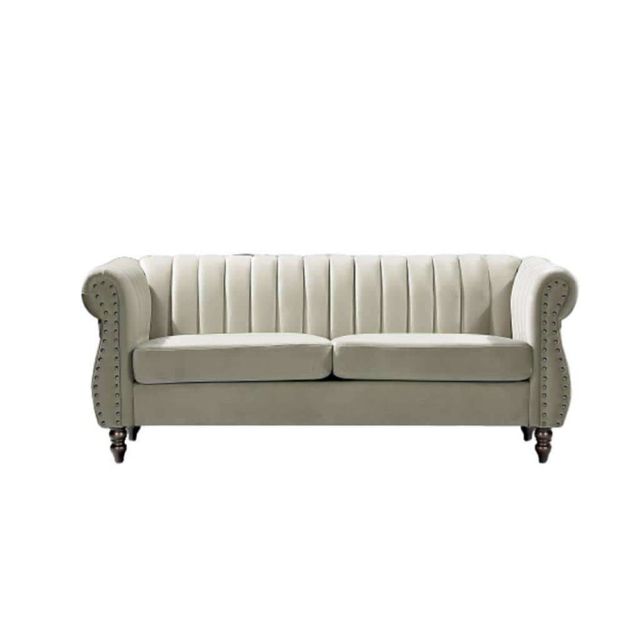 Living Room Furniture * | Louis 76.4 In. Cream Velvet 3-Seater Chesterfield Sofa With Nailheads By Us Pride Furniture