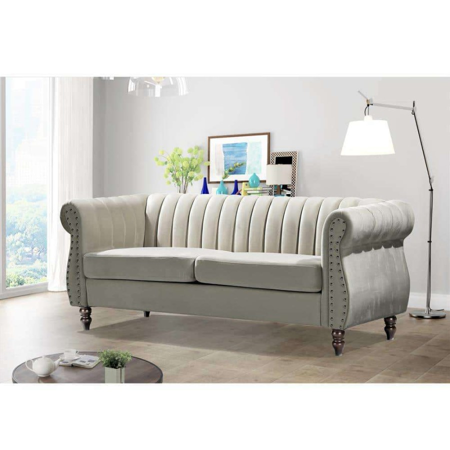 Living Room Furniture * | Louis 76.4 In. Cream Velvet 3-Seater Chesterfield Sofa With Nailheads By Us Pride Furniture