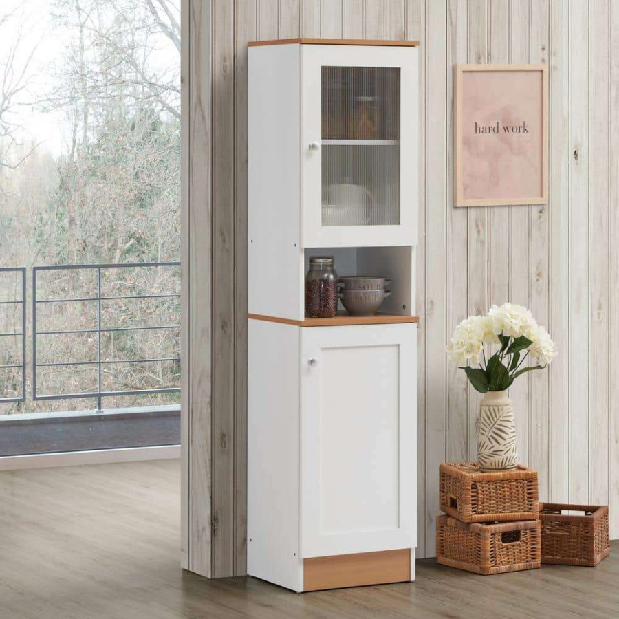 Kitchen & Dining Room Furniture * | 63 In. Tall Slim Open-Shelf Plus Top And Bottom Enclosed Storage Kitchen Pantry In White By Hodedah