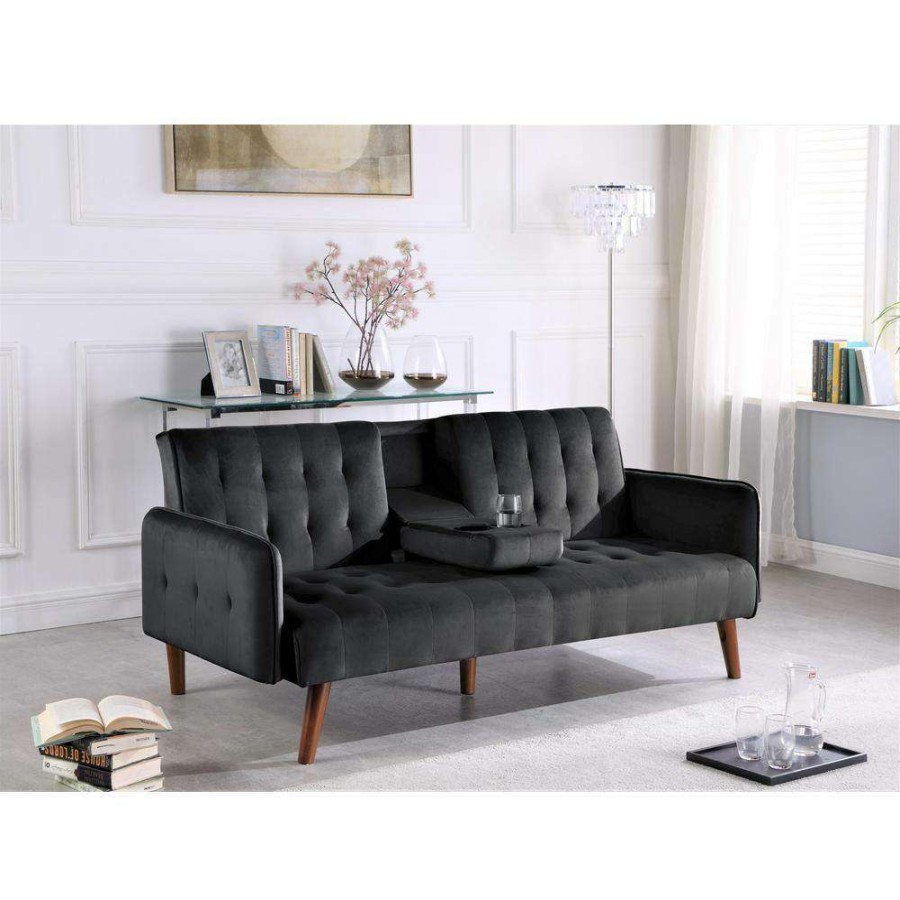 Living Room Furniture * | Carrington 72 In. Black Velvet 2-Seater Twin Sleeper Convertible Sofa Bed With Tapered Legs By Us Pride Furniture