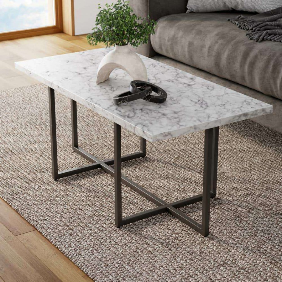 Living Room Furniture * | Abby 40 In. White/Black 17 In. Height Rectangle Faux Marble Coffee Table With Metal Legs By Nathan James