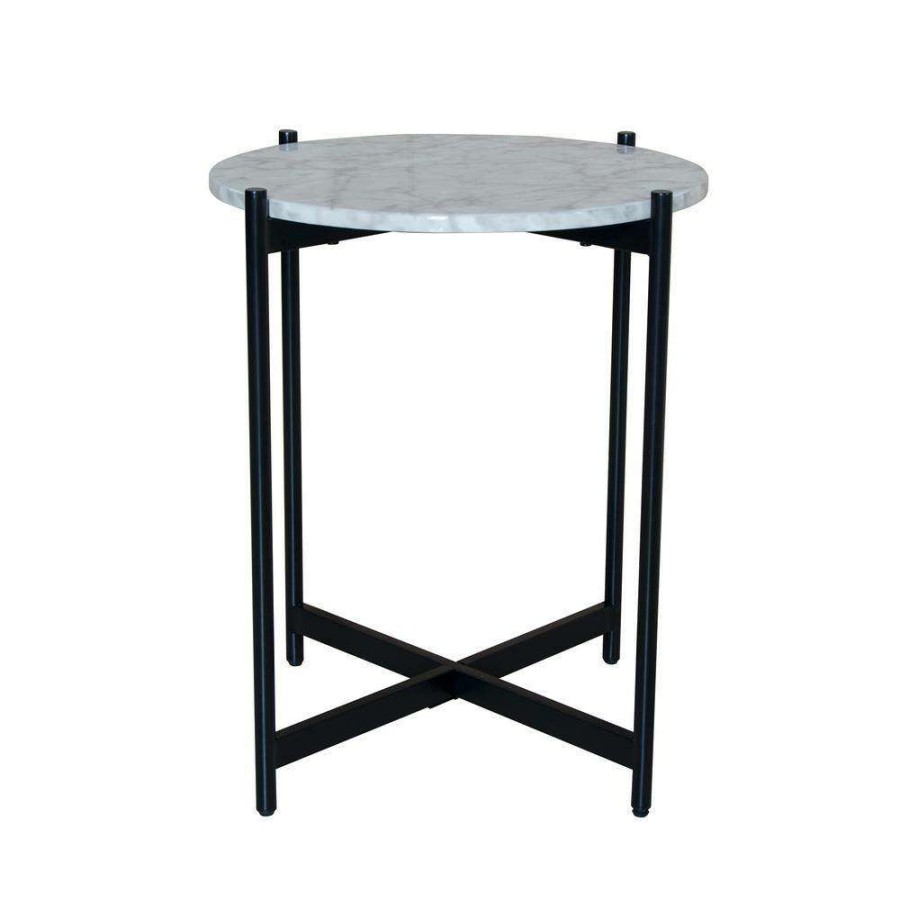 Living Room Furniture * | Roland White/Black Modern White Faux Marble Round Accent Side Table With X-Shaped Metal Base End Table By Nathan James