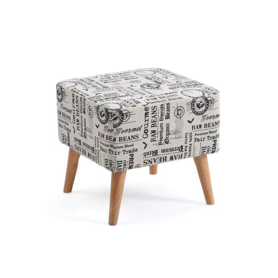 Living Room Furniture * | Accent White Ottoman Upholstered In A Newspaper Print Design By Hodedah