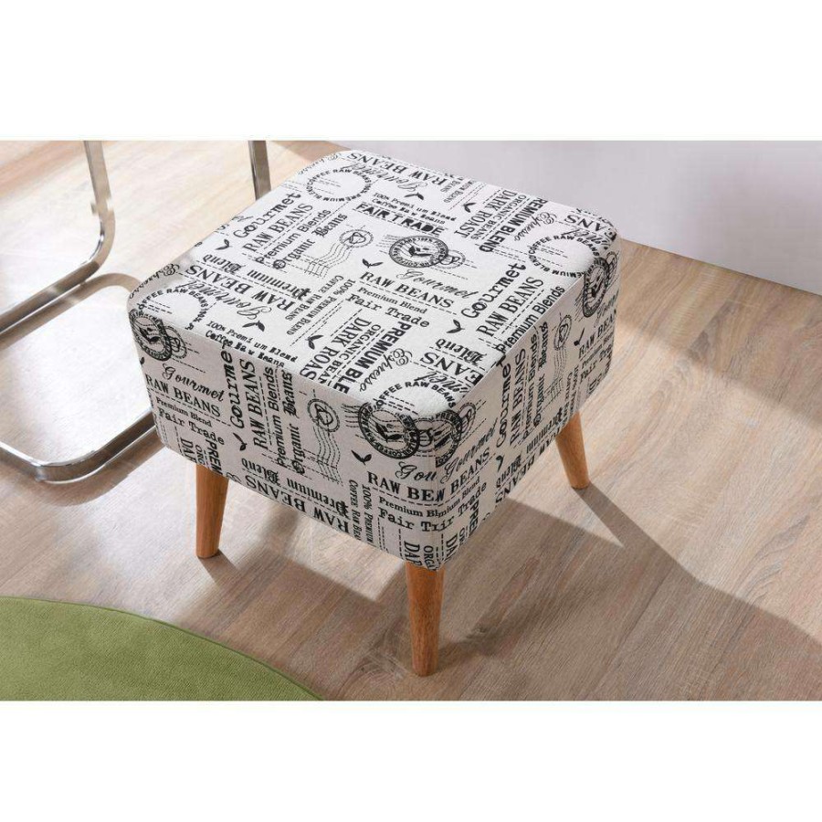 Living Room Furniture * | Accent White Ottoman Upholstered In A Newspaper Print Design By Hodedah