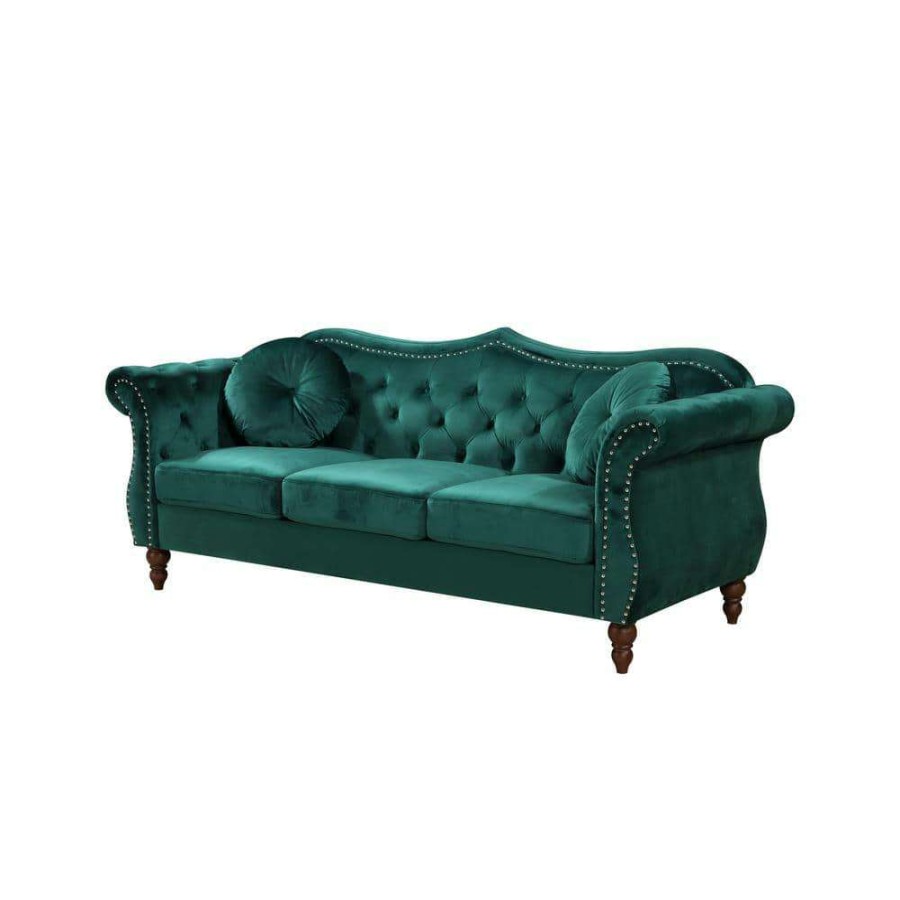 Living Room Furniture * | Bellbrook 79.5 In. Green Velvet 3-Seater Camelback Sofa With Nailheads By Us Pride Furniture