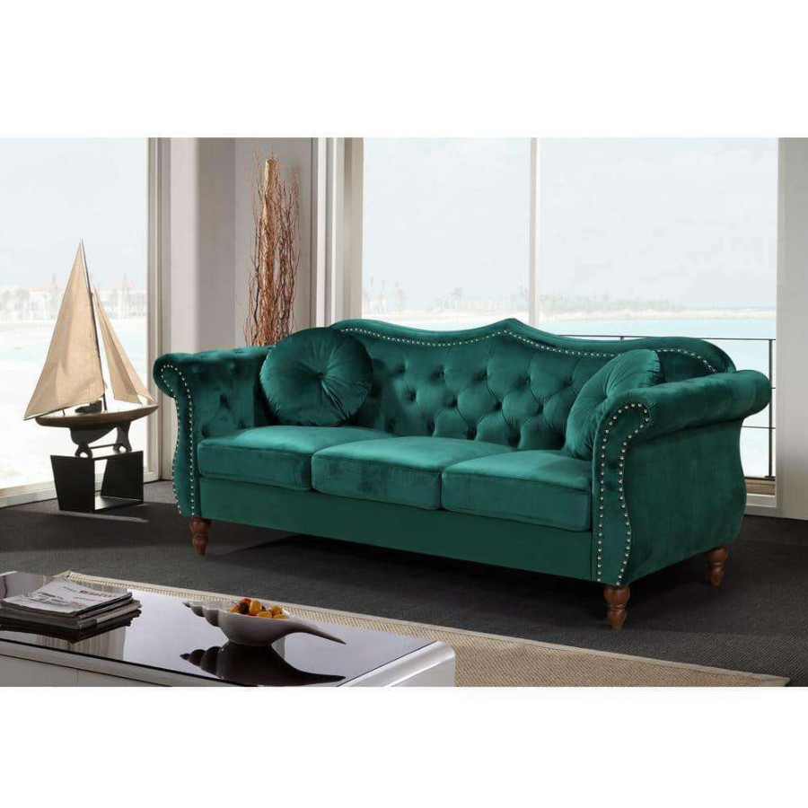 Living Room Furniture * | Bellbrook 79.5 In. Green Velvet 3-Seater Camelback Sofa With Nailheads By Us Pride Furniture