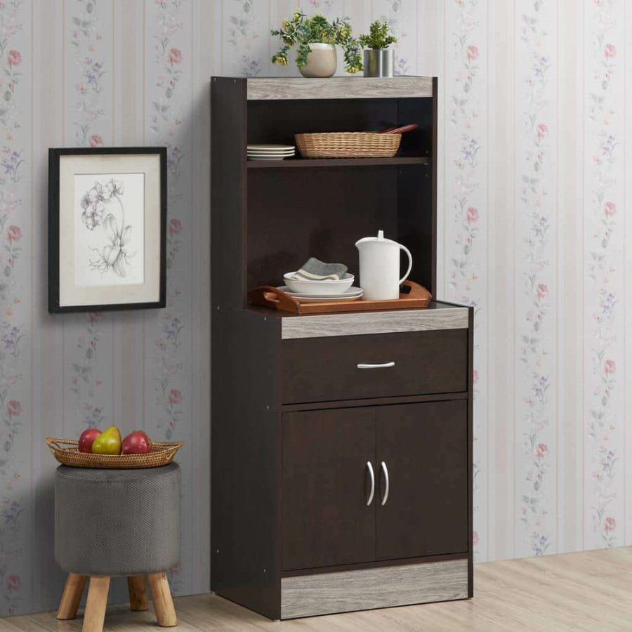 Kitchen & Dining Room Furniture * | 54 In. Chocolate-Grey Tall Open Shelves 1-Drawer And Bottom Enclosed Storage Kitchen Cabinet By Hodedah