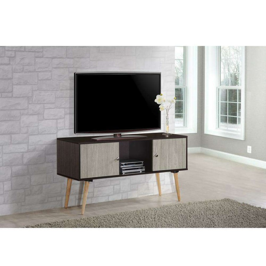 Living Room Furniture * | 47 In. Chocolate And Grey Oak Wood Tv Stand Fits Tvs Up To 60 In. With Storage Doors By Hodedah