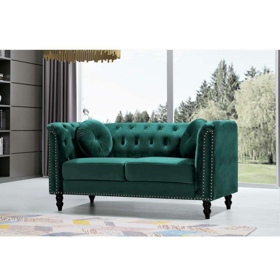 Living Room Furniture * | Vivian 64.17 In. Green Classic Velvet 2-Seats Chesterfield Loveseat With Nailheads By Us Pride Furniture