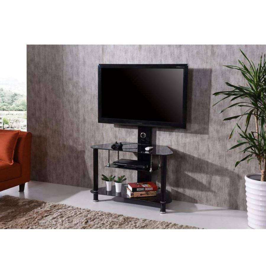 Living Room Furniture * | 35 In. Black Glass Tv Stand Fits Tvs Up To 42 In. With Swivel Mount By Hodedah