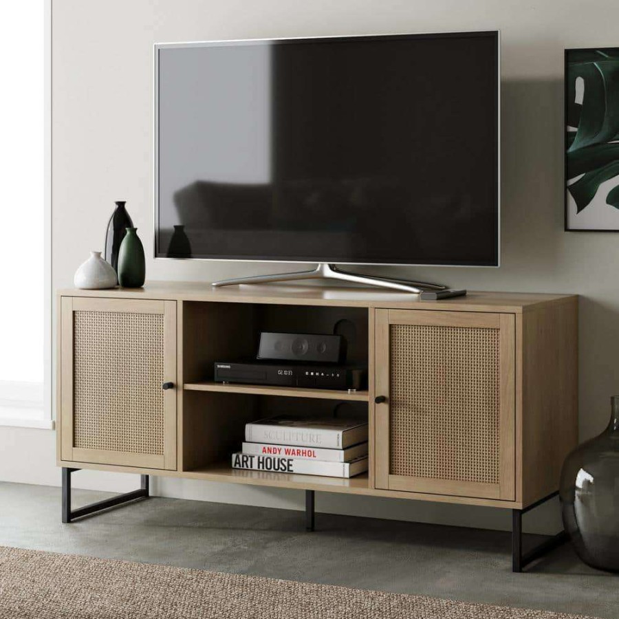 Living Room Furniture * | Mina 47 In. Oak And Black Composite Tv Stand Fits Tvs Up To 55 In. With Storage Doors By Nathan James