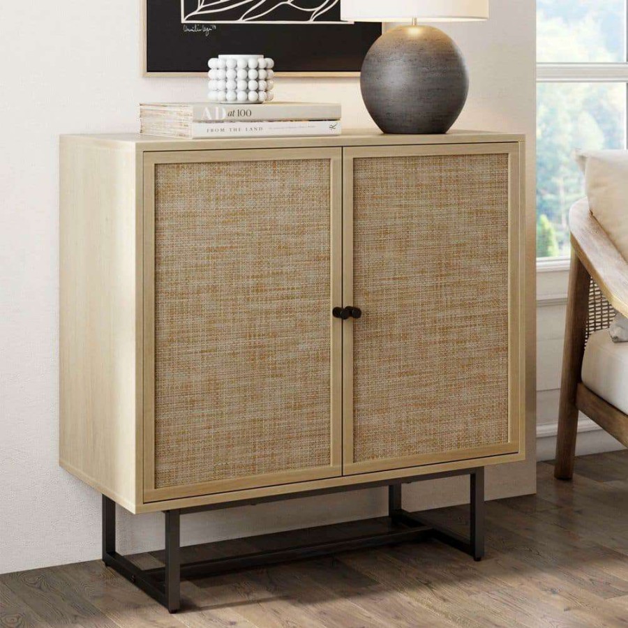 Kitchen & Dining Room Furniture * | Kova Light Oak/Black Accent Cabinet Natural Cane Rattan Doors With Black Metal Base And Adjustable Shelf By Nathan James