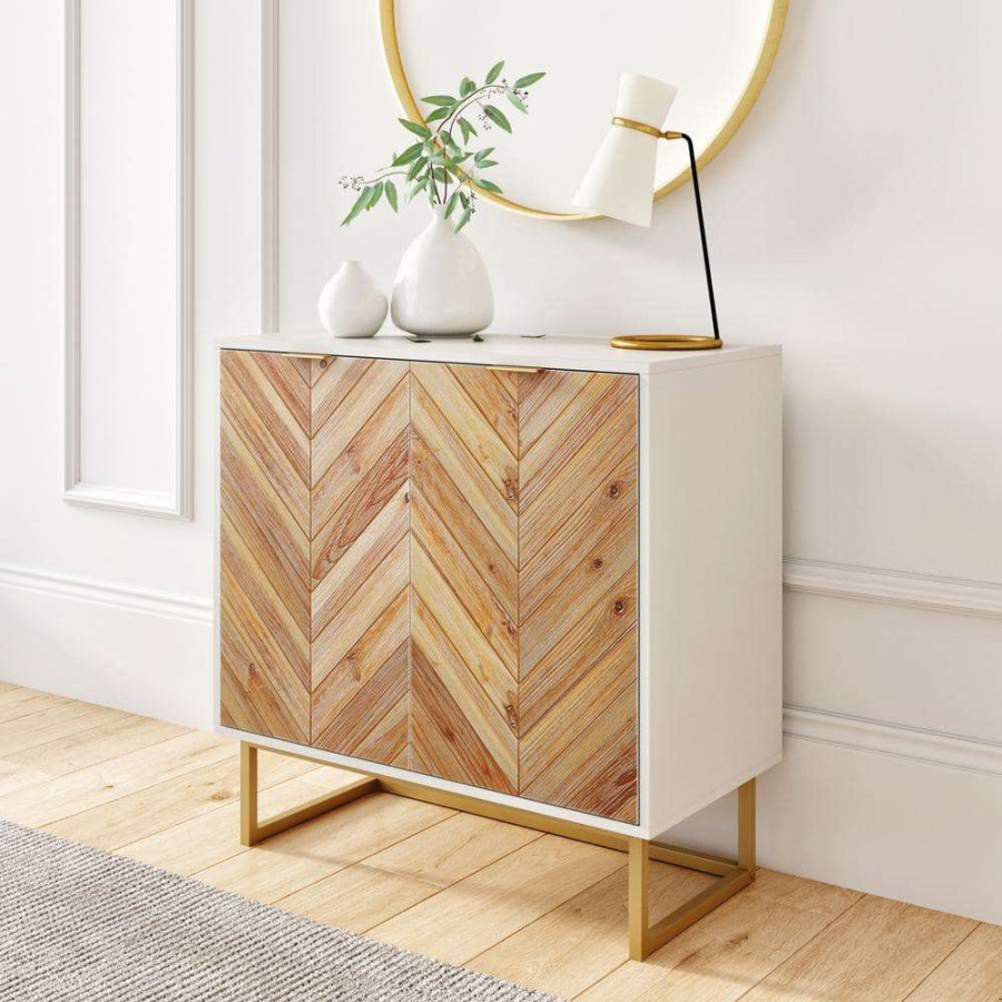 Kitchen & Dining Room Furniture * | Enloe White Frame With Brown Rustic Doors And Gold Base Free Standing Modern Storage Cabinet For Entryway Or Living Room By Nathan James