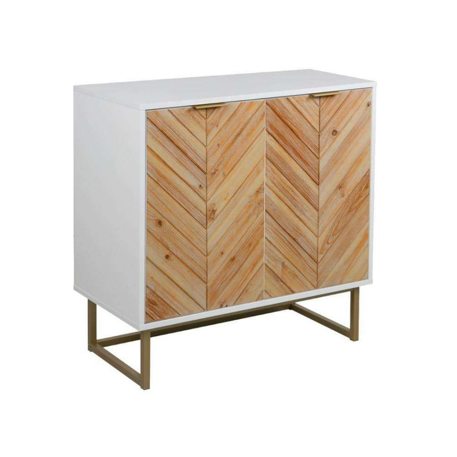 Kitchen & Dining Room Furniture * | Enloe White Frame With Brown Rustic Doors And Gold Base Free Standing Modern Storage Cabinet For Entryway Or Living Room By Nathan James