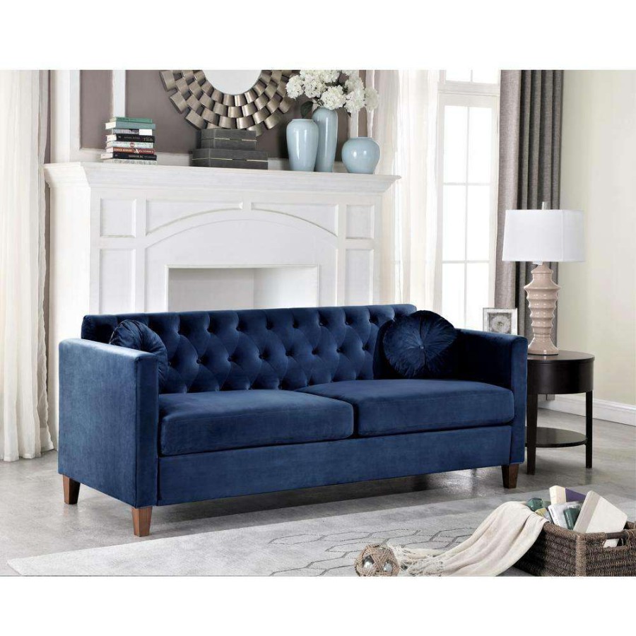 Living Room Furniture * | Lory 79.5 In. Dark Blue Velvet 3-Seater Lawson Sofa With Square Arms By Us Pride Furniture