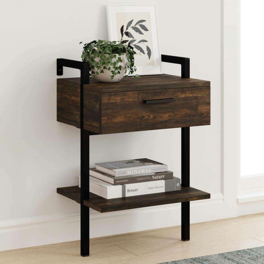 Bedroom Furniture * | Jenny Rustic Wall Mount Nightstand With Drawer And Storage Shelf, Nutmeg Wood And Black Metal Frame By Nathan James