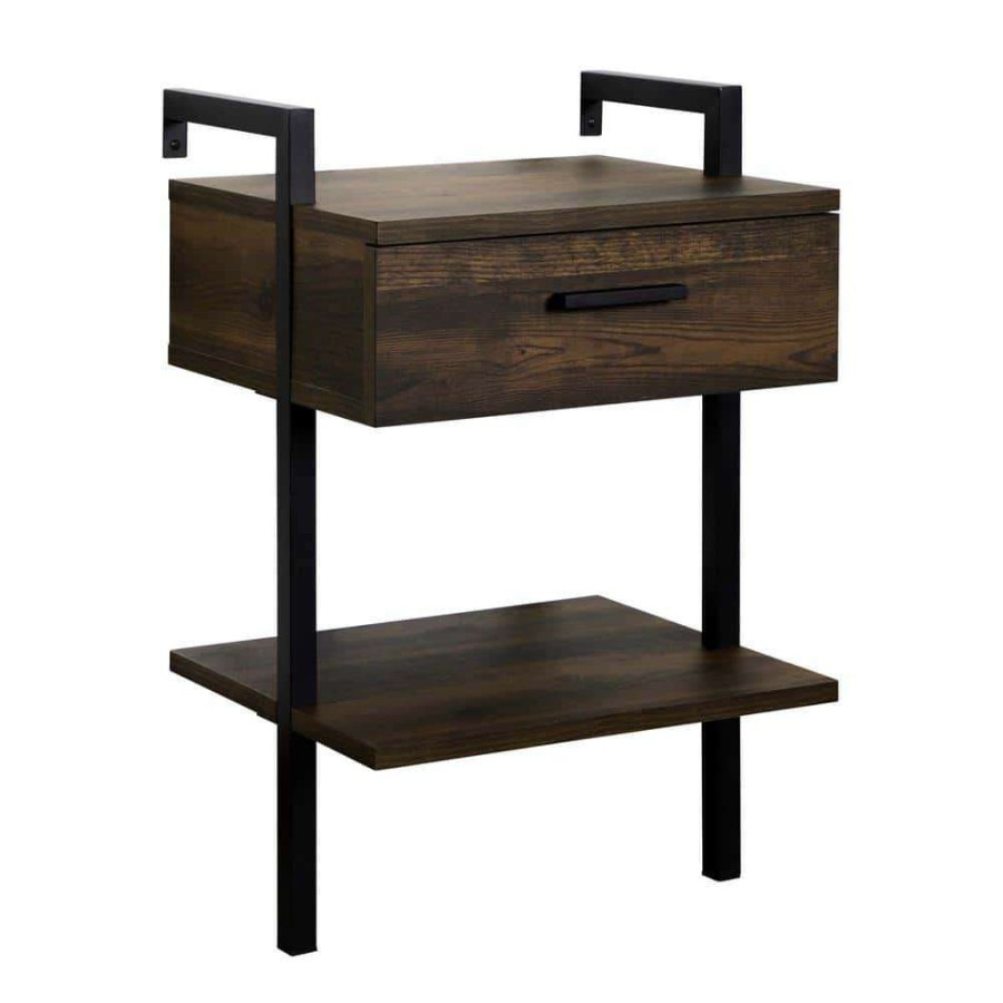 Bedroom Furniture * | Jenny Rustic Wall Mount Nightstand With Drawer And Storage Shelf, Nutmeg Wood And Black Metal Frame By Nathan James