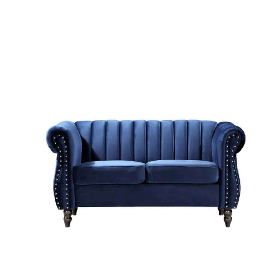 Living Room Furniture * | Louis 59.1 In. Dark Blue Channel Tufted Velvet 2-Seater Loveseat With Nailheads By Us Pride Furniture