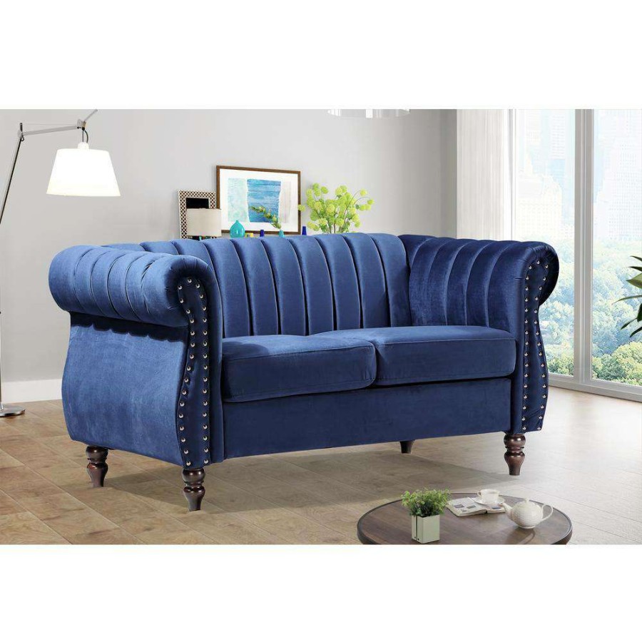 Living Room Furniture * | Louis 59.1 In. Dark Blue Channel Tufted Velvet 2-Seater Loveseat With Nailheads By Us Pride Furniture