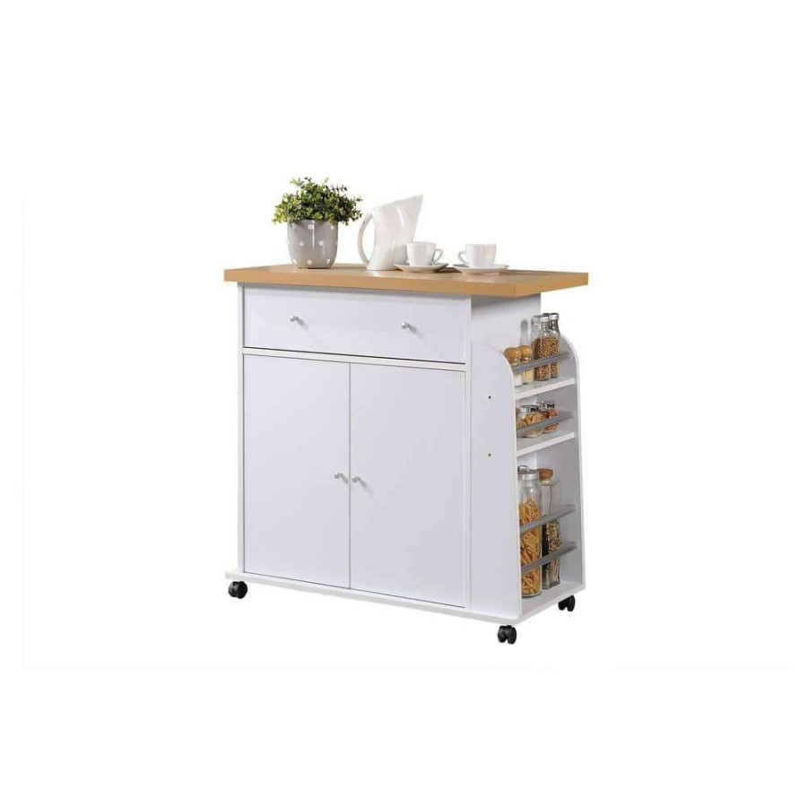 Kitchen & Dining Room Furniture * | Kitchen Island White With Spice Rack By Hodedah